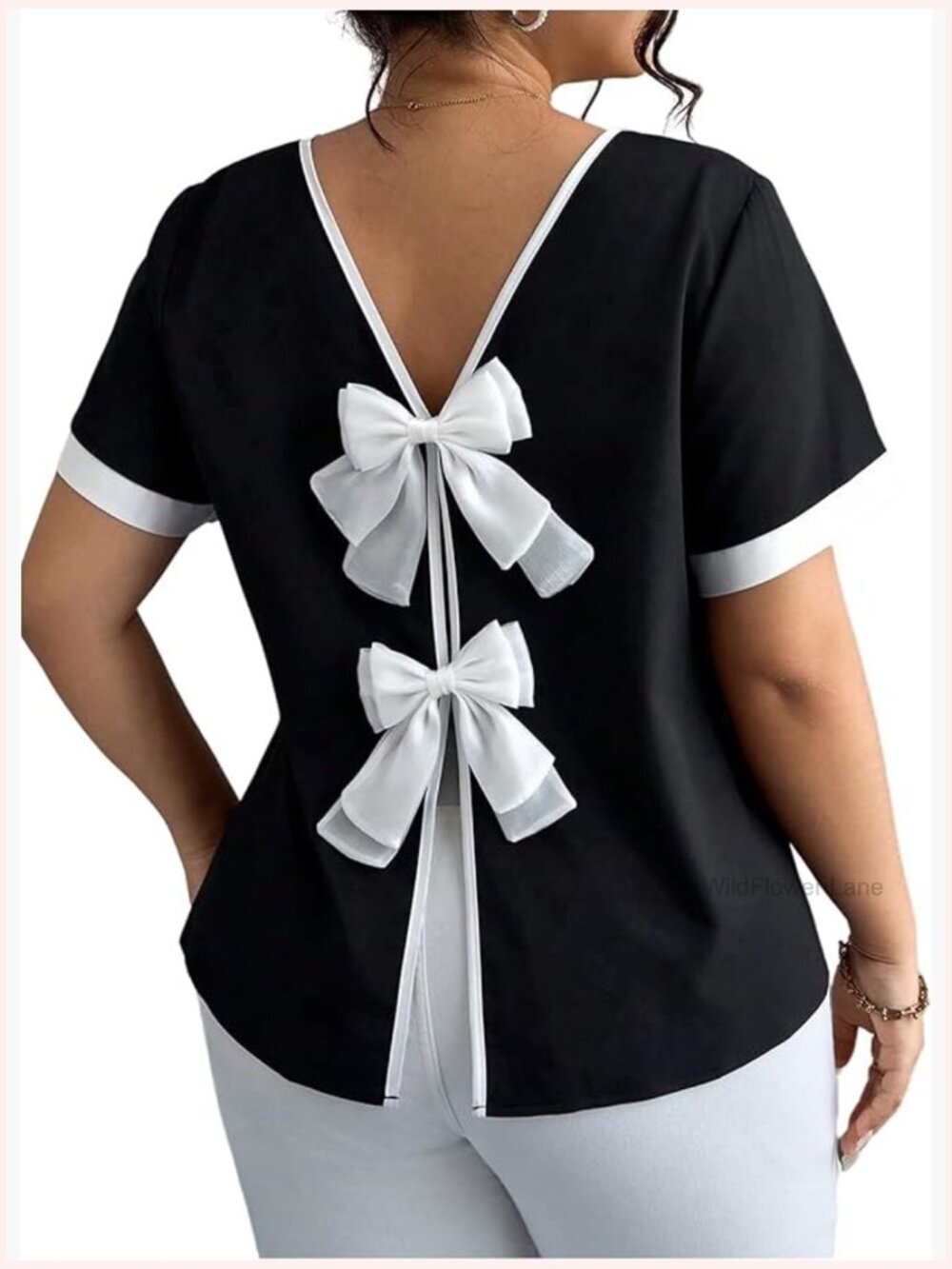 Plus Size Bow Back Blouse Short Sleeve Color Block Dressy Casual Top